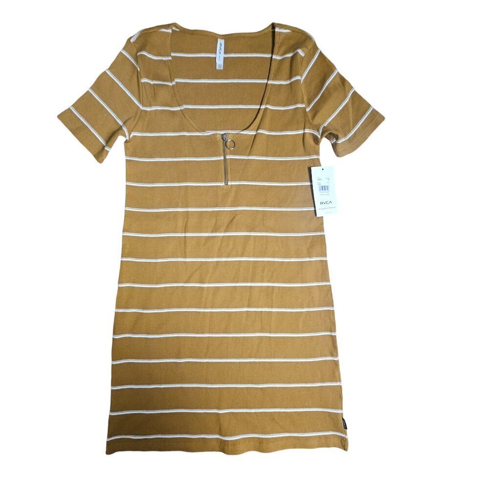 RVCA Donner Striped Ribbed Knit Dress Scoop Neck Zip Womens L Cotton Blend NWT